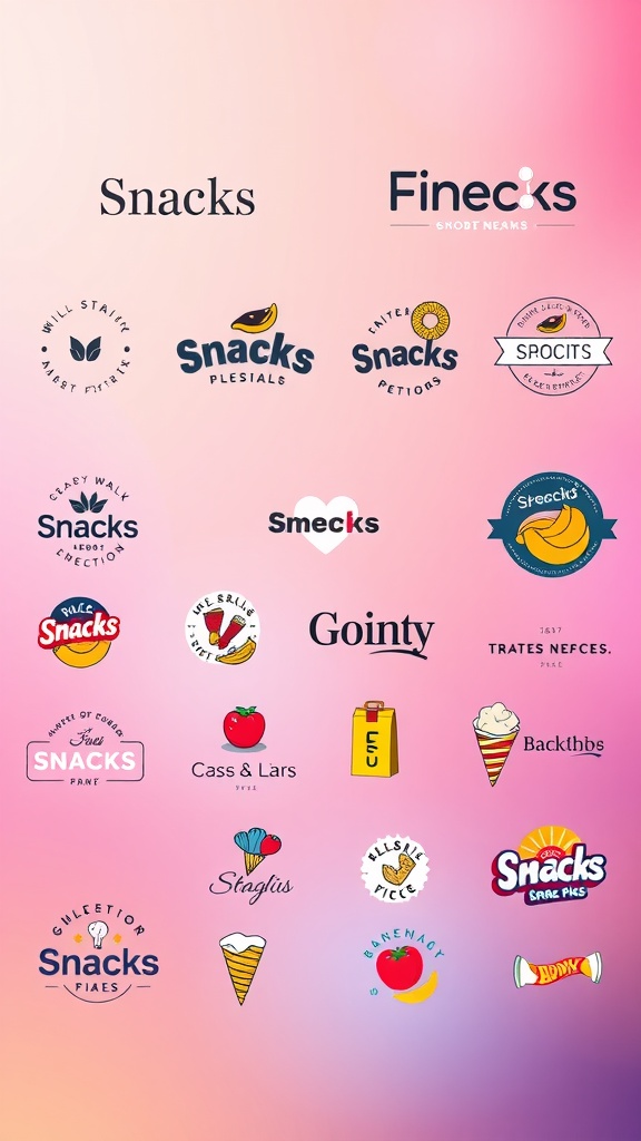 A vibrant array of snack logo designs featuring minimalist, hand-drawn, playful, and retro styles, highlighting the creativity in snack branding.